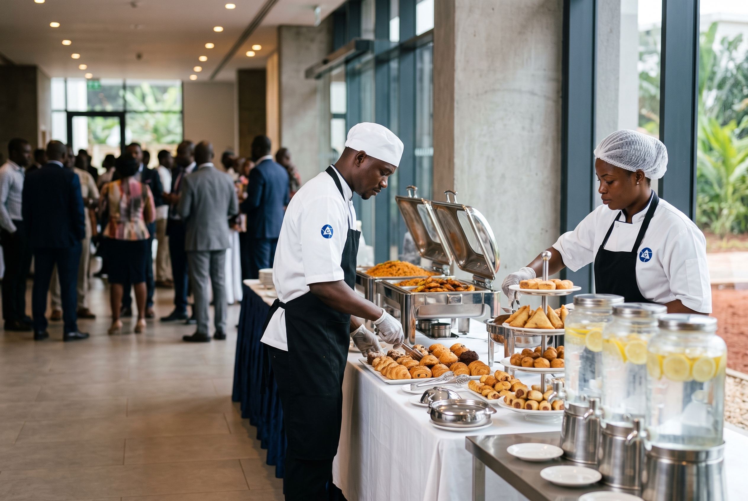 Germisa Catering conference buffet with servers in white jackets