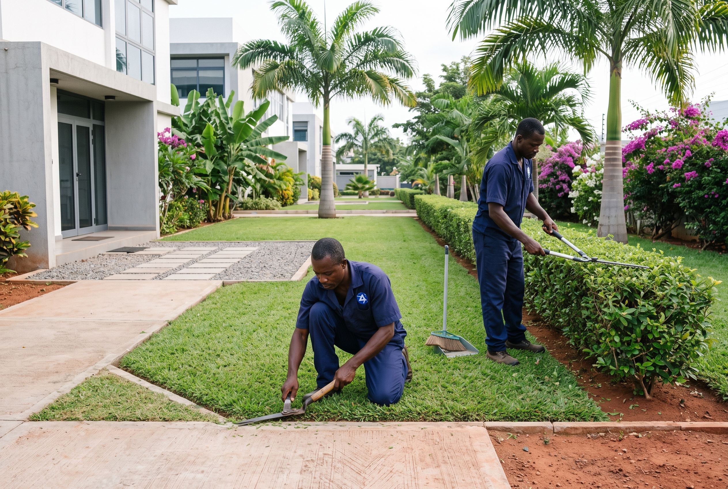 Groundskeepers trimming hedges in a corporate compound