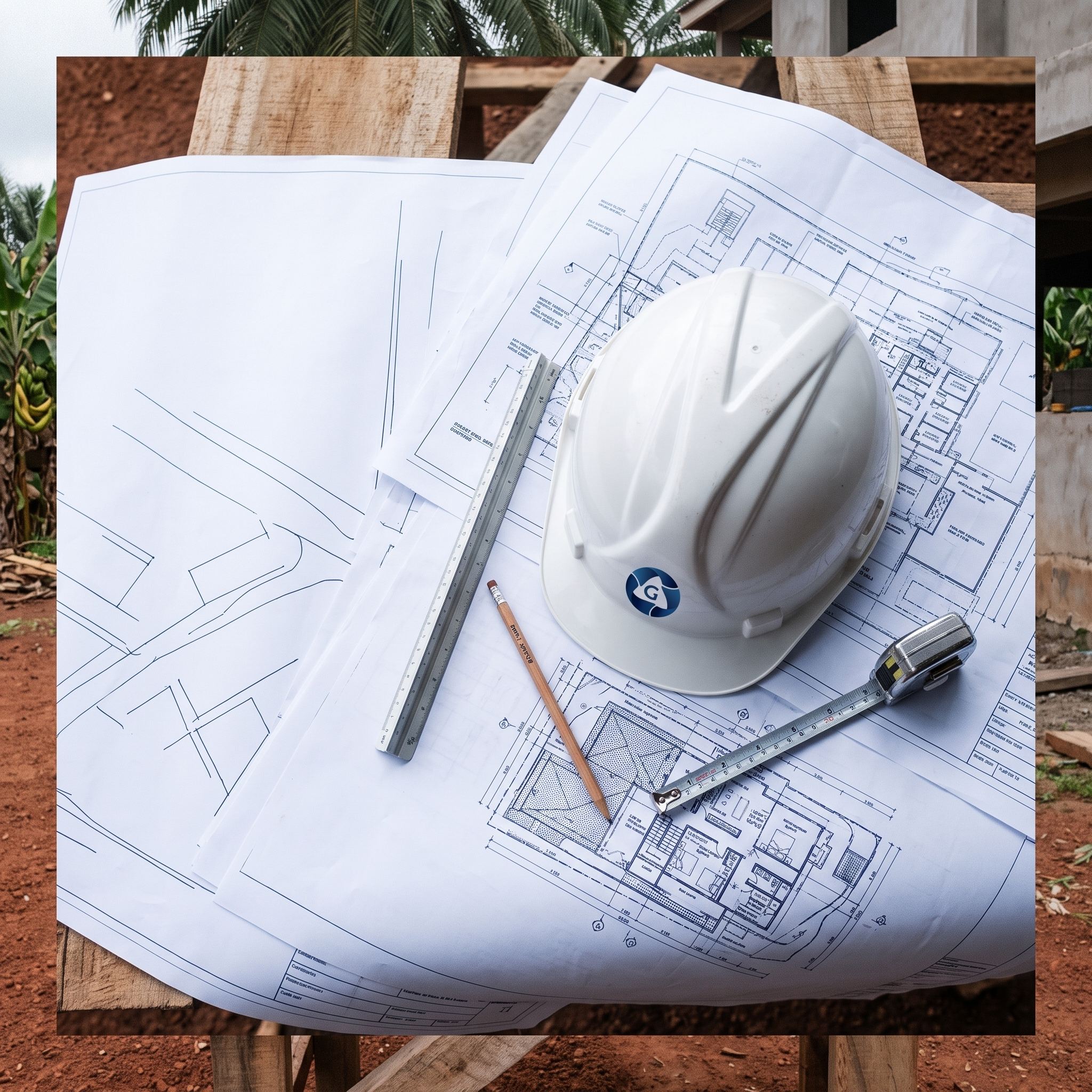Hard hat resting on engineering drawings