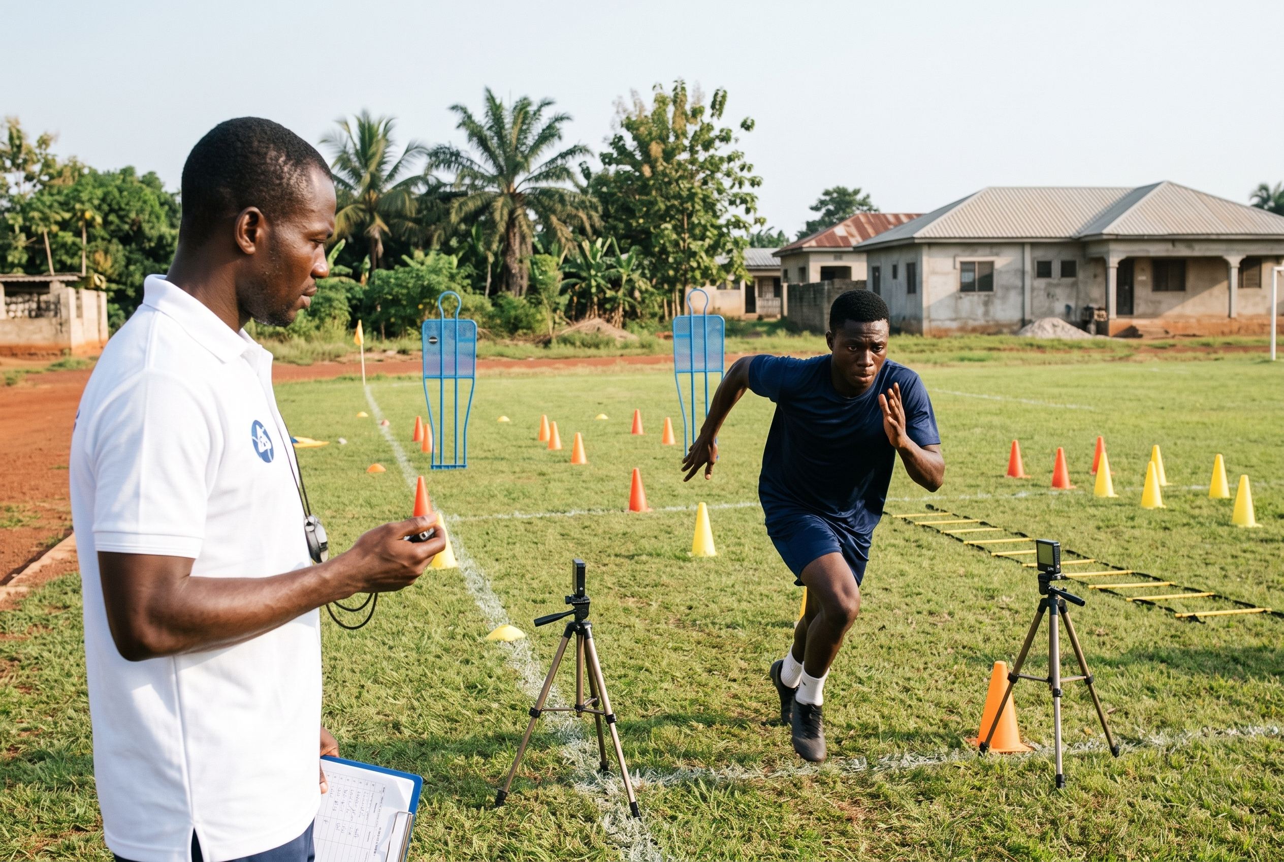 Athlete sprinting through timing gates